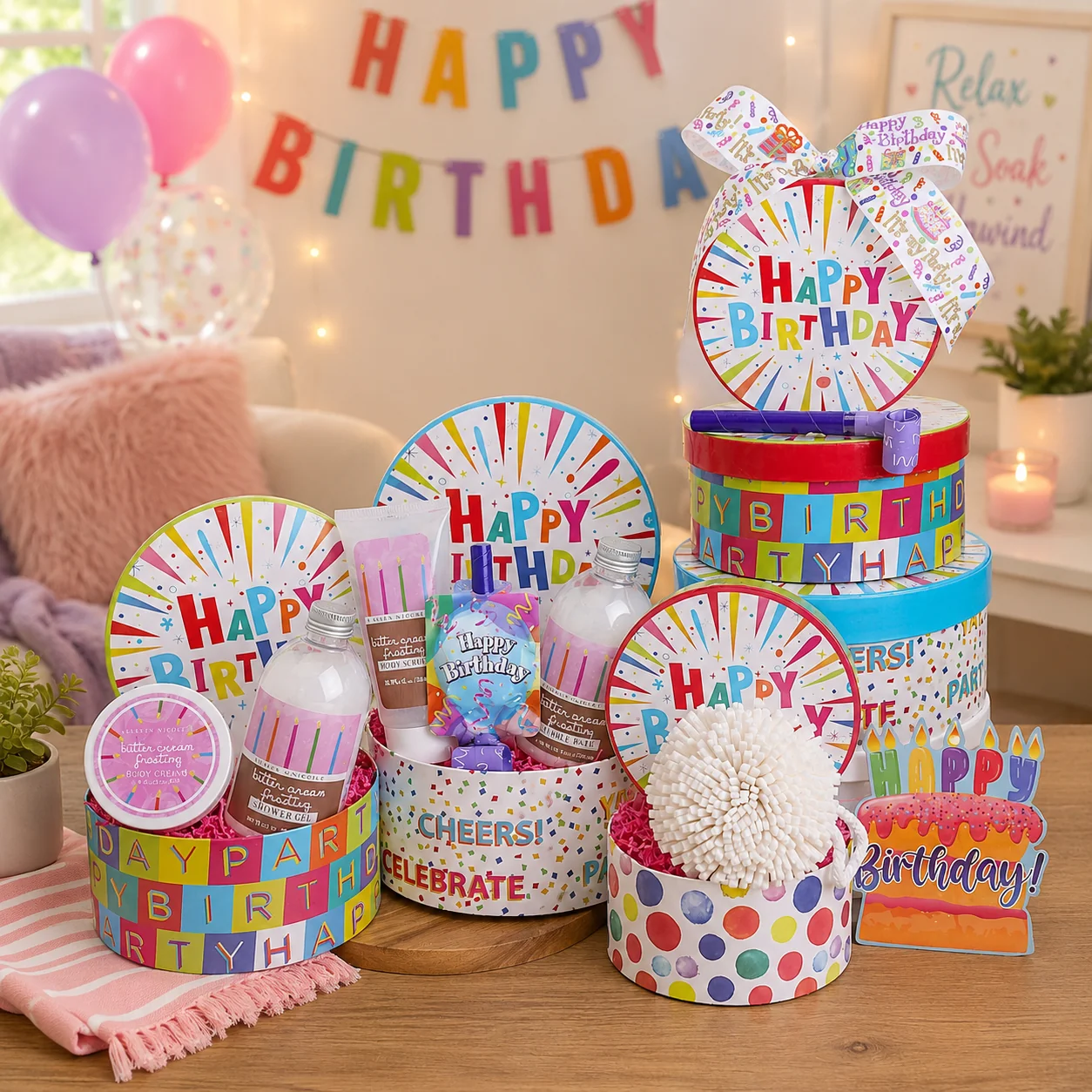 Classic Happy Birthday Buttercream Spa Wishes Gift Tower Effective