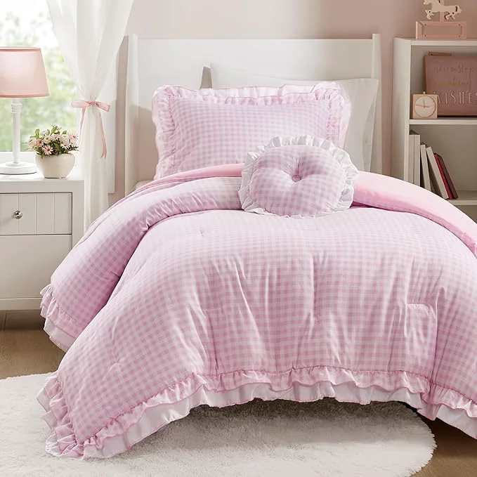 Dependable Intelligent Design Rowena Twin Comforter Set – Blush Pink Gingham Ruffled Bedding Vintage Farmhouse Style Reversible All Season 3-Piece Bedding Set Twin Twin XL Gift for Her Efficient