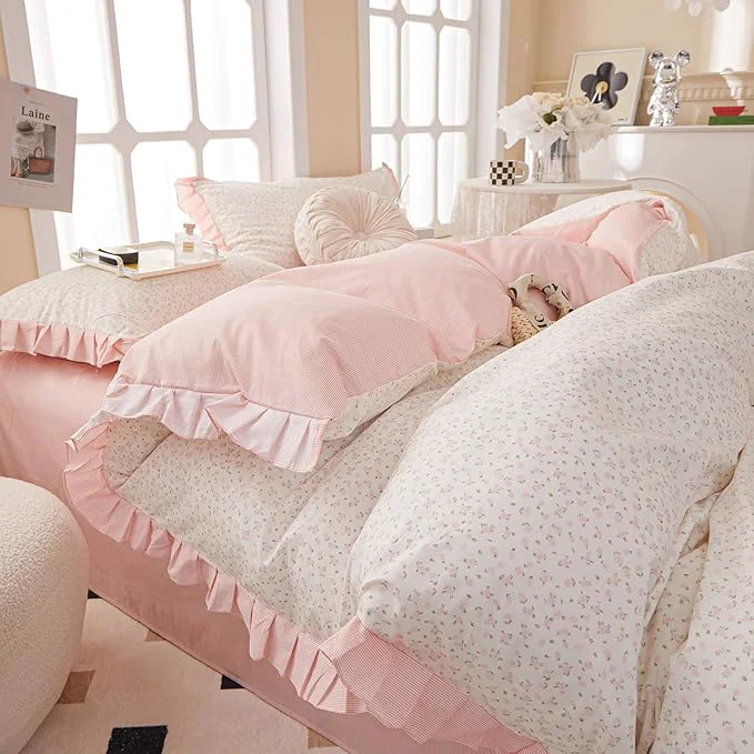 Excellent Pink Floral Queen Comforter Ruffle Boho Bedding Set Fluffy Lightweight All Season Down Bedding Comforter Set Soft Microfiber Cute Striped Comforter with 2 Pillowcases Recyclable