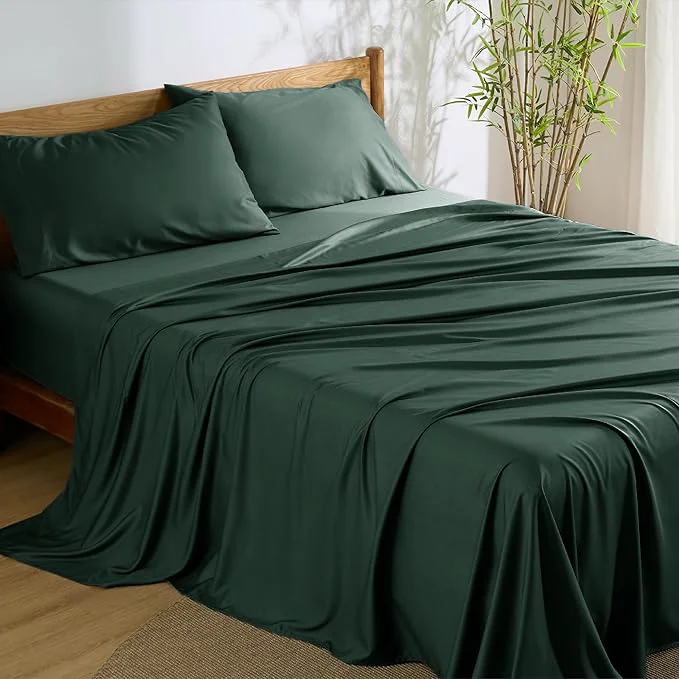 Organic Bedsure King Size Sheets Set Cooling Sheets for Hot Sleepers Rayon Derived from Bamboo PureWoven Breathable amp Soft Deep Pocket Up to 16 Inches Hotel Luxury Silky Bedding Forest Green