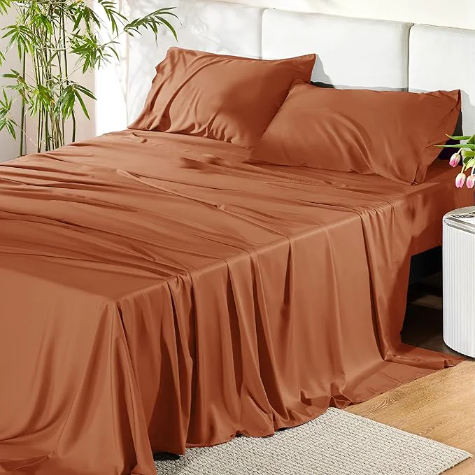 Organic Bedsure Full Size Bed Sheets Cooling Sheets Rayon Derived from Bamboo PureWoven Breathable amp Soft Deep Pocket Up to 16 Inches Hotel Luxury Silky Bedding for Hot Sleepers Burnt Orange Lightweight