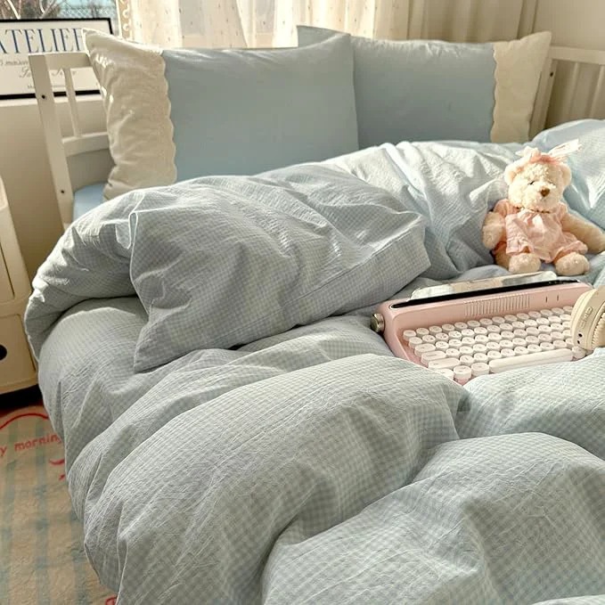 Trusted Blue Gingham Full Size Comforter Down Boho Bedding Set Soft Lace-Trimmed Fluffy All Season Bedding Comforter Set Lightweight Microfiber Cute Plaid Comforter with 2 Pillowcases Efficient