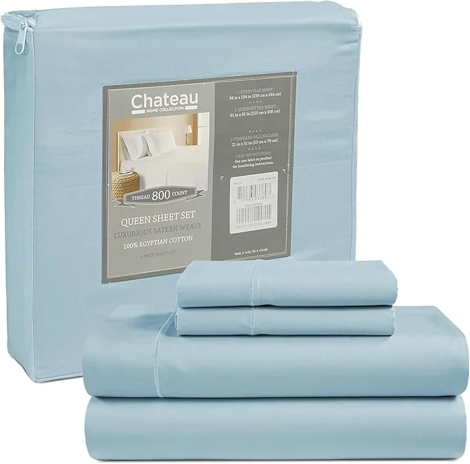 Contemporary Cotton Bed Sheets Queen Size Bed Set 800 Thread Count Deep Pocket Queen Sheet Set Soft Breathable Cool Sateen Weave 4PC Egyptian Cotton Sheets No Pill amp Shrink Machine Washable – Light Blue Functional