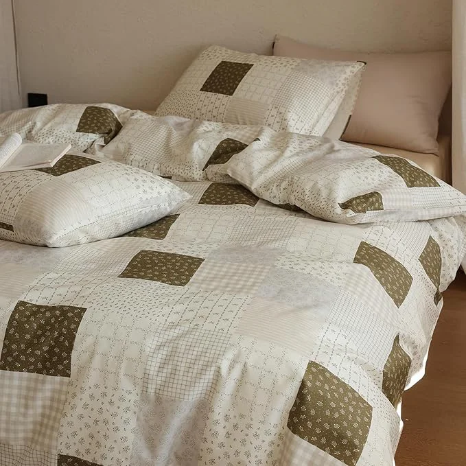 Smooth Patchwork Comforter Set Full Size Brown Gingham Floral Bedding Set Cotton Down Plaid Teen Girl Bedding Comforter Sets Boho Fluffy Cute Light Weight Bed Comforter with 2 Pillowcases Stylish