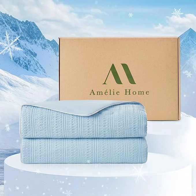 Outstanding Amélie Home Waffle Cooling Comforter King Size Q-Max 0.45 Reversible Lightweight Cooling Blanket for Hot Sleepers Breathable Bedding for Night Sweats 106 quot x90 quot Sky Blue Sophisticated