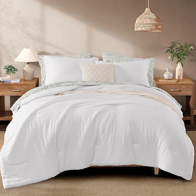 Specialty Monbix Queen Comforter Set – 7 Pieces White Prewashed Bed in a Bag Queen Bedding Sets with Comforters All Seasons Ultra Soft Comforter Bed Set with Sheets Pillowcases amp Shams Elite