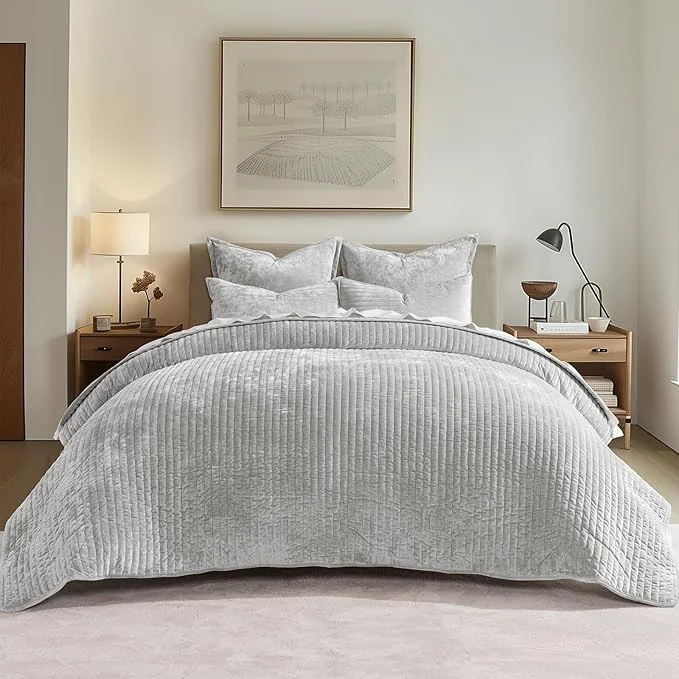 Smart EVERGRACE Velvet Quilt Set King Size Luxurious Soft Striped Channel Bedding Set Lightweight Velvet Comforter for All Season Oversized Bedspread Coverlet with 2 Matching Shams Frost Gray Authentic