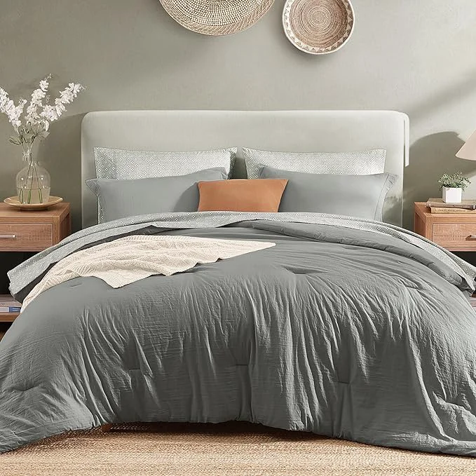 High-End Monbix Queen Comforter Set – 7 Pieces Granite Grey Prewashed Bed in a Bag Queen Bedding Sets with Comforters All Seasons Ultra Soft Comforter Bed Set with Sheets Pillowcases amp Shams Outstanding