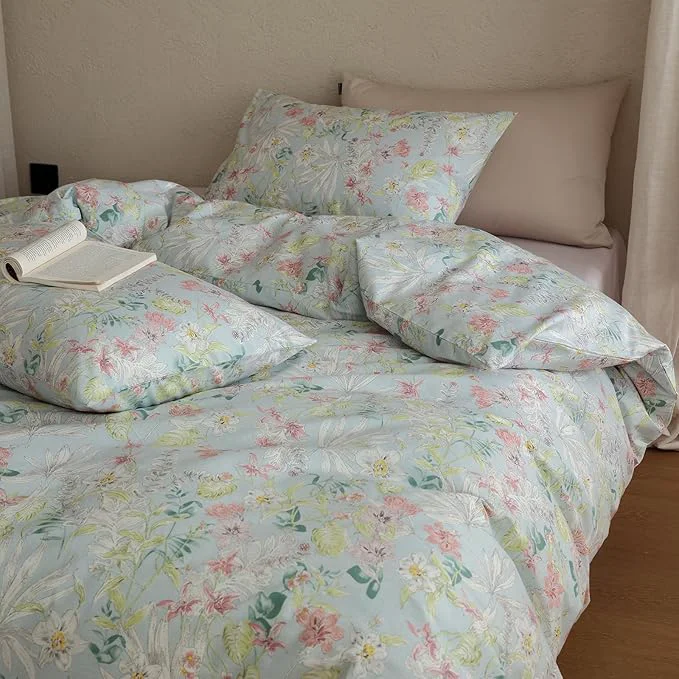 Recyclable Floral XL Twin Comforter Cotton Down Bedding Set Girls Lightweight Boho Cute Bedding Comforter Sets Flower Fluffy Farmhouse Vintage Bed Comforter with 2 Pillowcases High-Grade