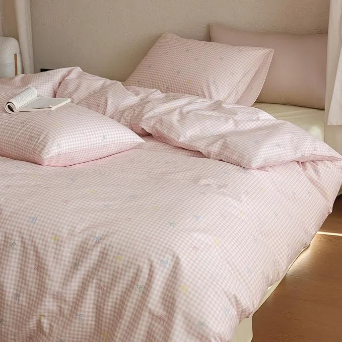 Elite Pink Gingham Comforter Set Twin XL Bow Plaid Bedding Set Light Weight Down Fluffy Cotton Bedding Comforter Sets for Girls Boho Country Cute Bed Comforter with 2 Pillowcases Verified