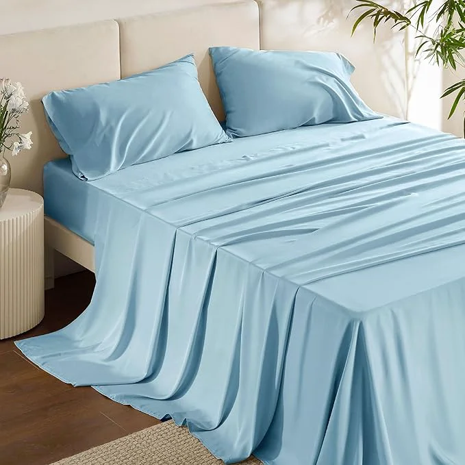 Premium Bedsure California King Sheet Sets Cooling Sheets Rayon Derived from Bamboo PureWoven Breathable amp Soft Deep Pocket Up to 16 Inches Hotel Luxury Silky Bedding for Hot Sleepers Aqua