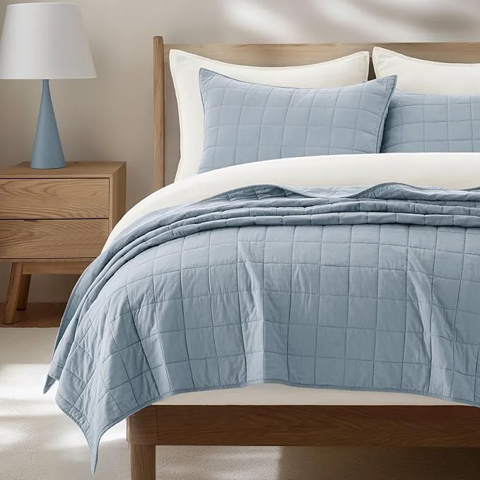 Outstanding EVERGRACEHOME Cotton Box Stitch Quilt Bedding Set Queen Size 3 Pieces Garment-Washed Lightweight Soft Cozy Coverlet Quilted Bedspread Sets with 2 Shams for All Season Blue Linen Powerful