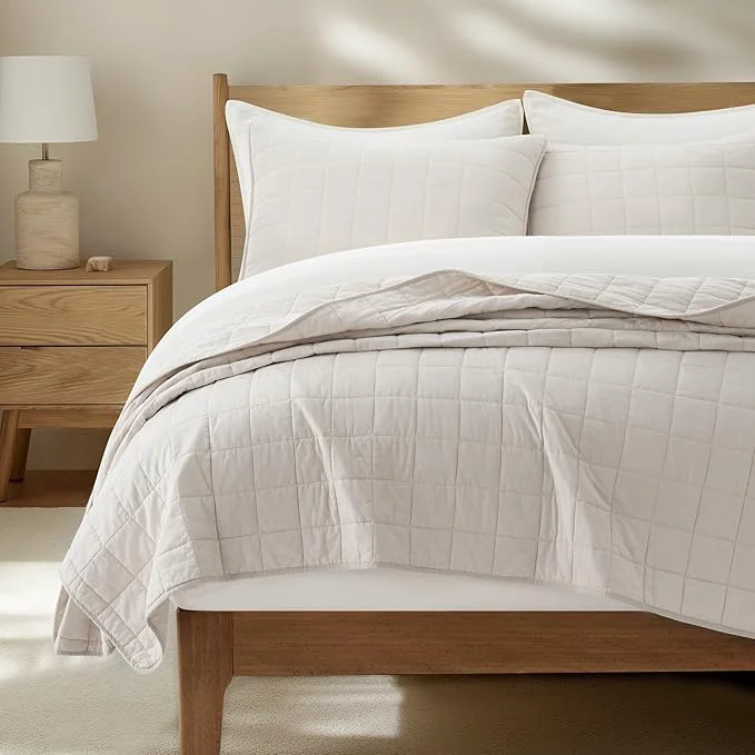 Responsible EVERGRACEHOME Cotton Box Stitch Quilt Bedding Set King Size 3 Pieces Garment-Washed Lightweight Soft Cozy Coverlet Oversized Quilted Bedspread Sets with 2 Shams for All Season Birch Expertly Made
