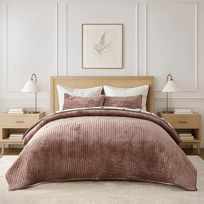 Professional EVERGRACE Velvet Quilt Set Full Queen Size Luxurious Soft Striped Channel Bedding Set Lightweight Velvet Comforter for All Season Oversized Bedspread Coverlet with 2 Matching Shams Terracotta Clay Advanced