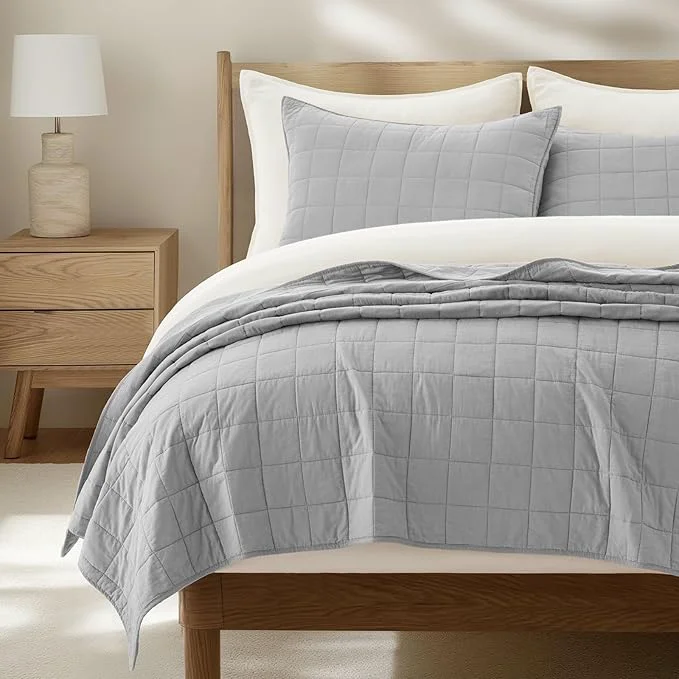 Quality EVERGRACEHOME Cotton Box Stitch Quilt Bedding Set Queen Size 3 Pieces Garment-Washed Lightweight Soft Cozy Coverlet Quilted Bedspread Sets with 2 Shams for All Season Fog Gray Artisan