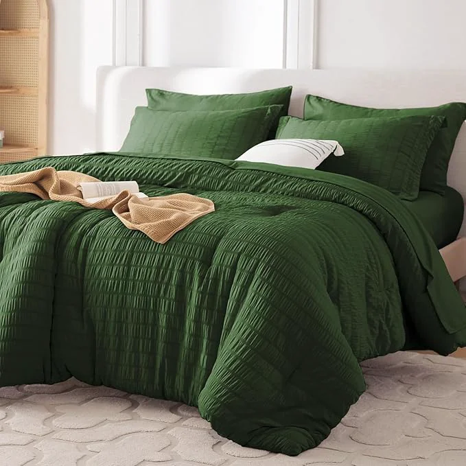 Comfortable MUXHOMO 7 Pieces Full Comforter Set Seersucker Bed in a Bag Full Size All Season Luxury Bedding Set with Comforter Flat Sheet Fitted Sheet Pillowcases amp Shams Dark Green Consistent