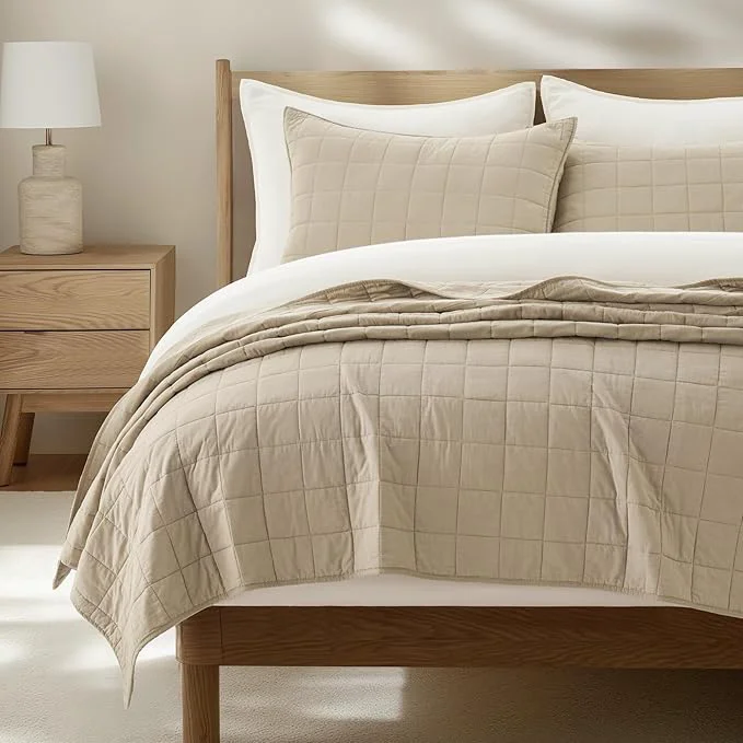 Modern EVERGRACEHOME Cotton Box Stitch Quilt Bedding Set King Size 3 Pieces Garment-Washed Lightweight Soft Cozy Coverlet Oversized Quilted Bedspread Sets with 2 Shams for All Season Pebble Khaki High-End