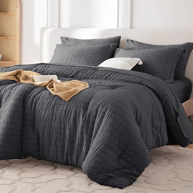 Trendy MUXHOMO 7 Pieces Queen Comforter Set Seersucker Bed in a Bag Queen Size All Season Luxury Bedding Set with Comforter Flat Sheet Fitted Sheet Pillowcases amp Shams Dark Grey Expertly Made