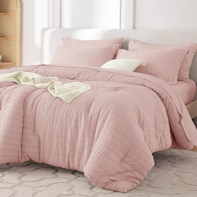 Refined MUXHOMO 5 Pieces Twin XL Comforter Set Seersucker Bed in a Bag Twin XL Size All Season Luxury Bedding Set with Comforter Flat Sheet Fitted Sheet Pillowcase amp Sham Rose Gold Modern