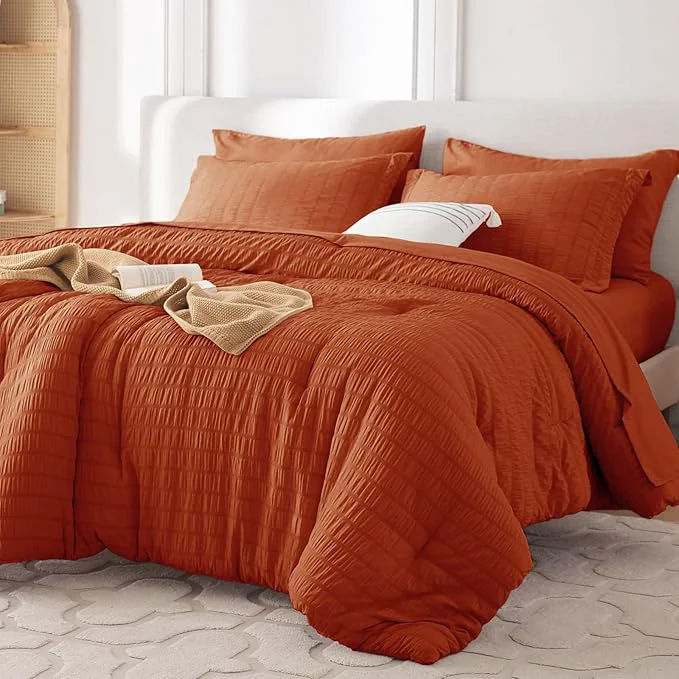 Top-Quality MUXHOMO 7 Pieces California King Comforter Set Seersucker Bed in a Bag Cal King Size All Season Luxury Bedding Set with Comforter Flat Sheet Fitted Sheet Pillowcases amp Shams Burnt Orange Specialty