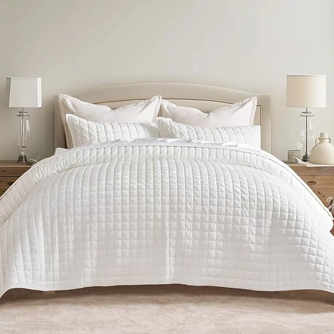 Original RECYCO Luxury Velvet Quilt Set Full Queen Size Bedding Sets Ultra Soft Velvet Comforter Set Lightweight Channel Box Stitch Oversized Bedspread Coverlet for All Season with 2 Shams Bright White Certified