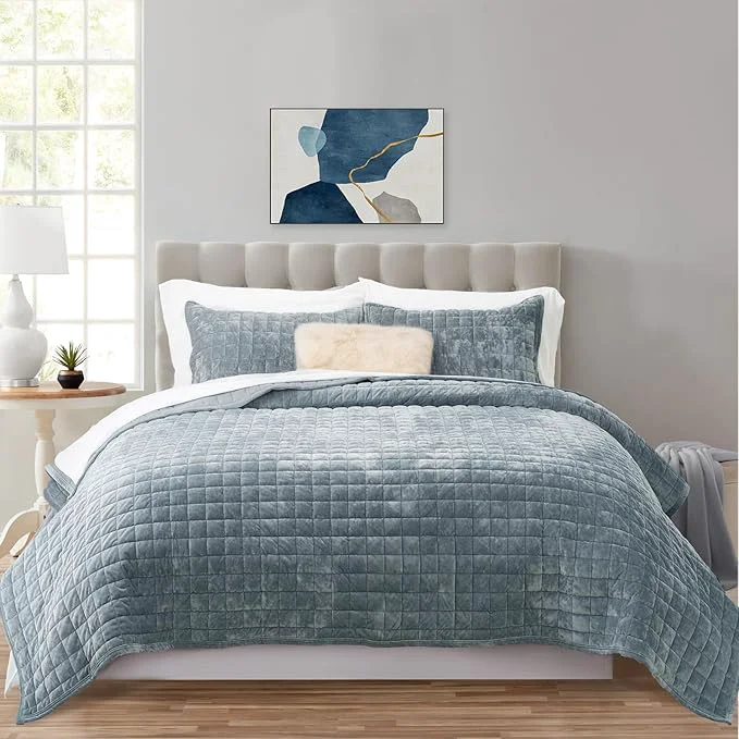 Top-Quality RECYCO Luxury Velvet Quilt Set California King 118 39 39 x 106 39 39 Oversized Bedspread Ultra Soft Velvet Comforter Lightweight Box Stitch Bedding Sets for All Season with 2 Shams Blue Linen Dependable