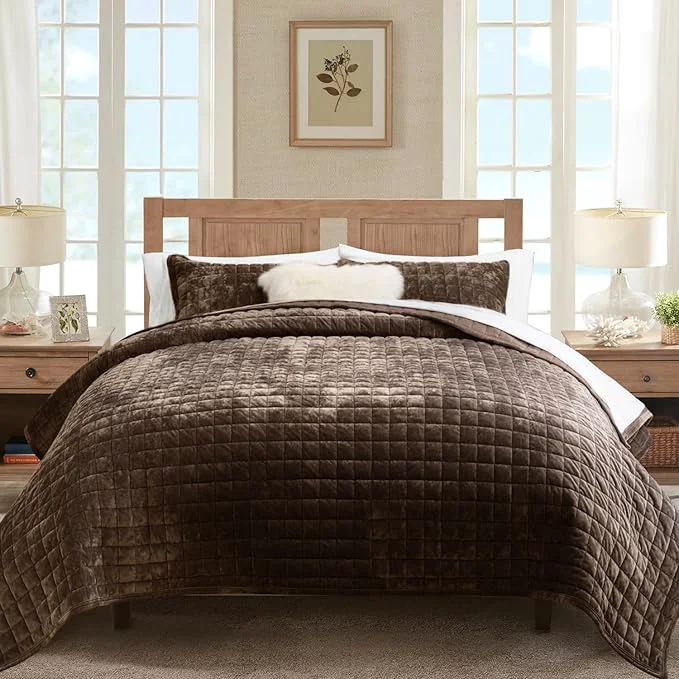 Natural RECYCO Luxury Velvet Quilt Set California King 118 39 39 x 106 39 39 Oversized Bedspread Ultra Soft Velvet Comforter Lightweight Box Stitch Bedding Sets for All Season with 2 Shams Walnut Brown Premium Material
