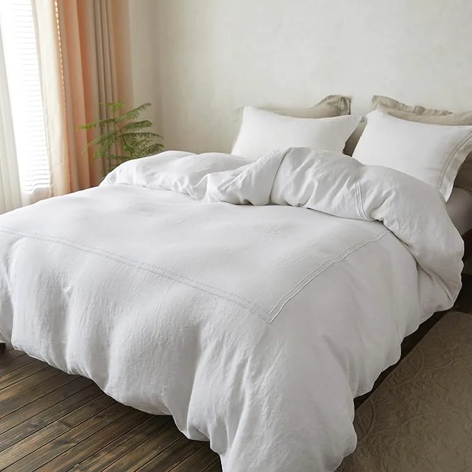 Consistent Simple amp Opulence Washed Linen Duvet Cover Set 88 quot x92 quot – 3 Pieces Soft Farmhouse Comforter Cover Set Double Embroidered with Button Closure – 1 Duvet Cover and 2 Pillowshams White Queen