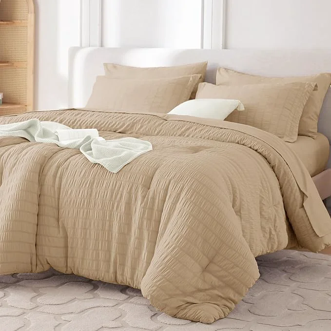 Superior MUXHOMO 7 Pieces Queen Comforter Set Seersucker Bed in a Bag Queen Size All Season Luxury Bedding Set with Comforter Flat Sheet Fitted Sheet Pillowcases amp Shams Khaki Optimized
