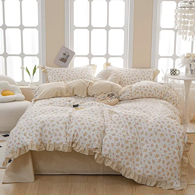 Superior VM VOUGEMARKET Twin Comforter Set with Rose Flower Pattern 1 Ruffle Comforter and 2 Pillow Shams for Girls Women Reversible Yellow Plaid Bedding Set 3pcs Twin XL User-Friendly