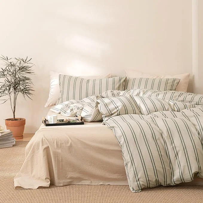 Reliable VM VOUGEMARKET Green Stripes Comforter Set King Modern Simple Bedding Comforter with 2 Pillowcases Farmhouse Style Lightweight Cotton Comforter Set for Adults Eco-Friendly