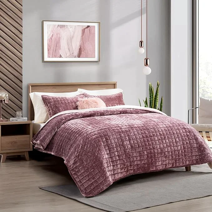 Reusable RECYCO Luxury Velvet Quilt Set Twin Twin XL Size Lightweight Velvet Comforter Set Oversized Bedspread Coverlet Quilted Bedding Set with 1 Matching Pillow Sham for All Season Dusty Mauve Pink High-End