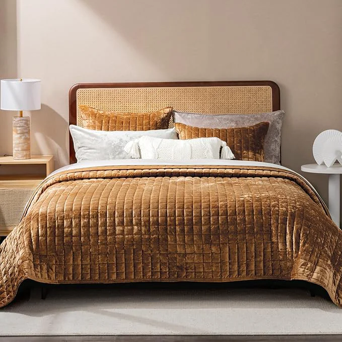 Expertly Made RECYCO Luxury Velvet Quilt Set King Size Bedding Sets Ultra Soft Velvet Comforter Set Lightweight Channel Box Stitch Oversized Bedspread Coverlet for All Season with 2 Shams Caramel Gold Prestigious