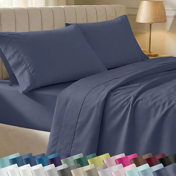 Elite California Design Den Natural Cotton Sheets Twin Sheets Set 400 Thread Count Sateen Bedding for Dorm Rooms amp Adults Deep Pockets with All Around Elastic Durable – Indigo Dusty Blue Organic