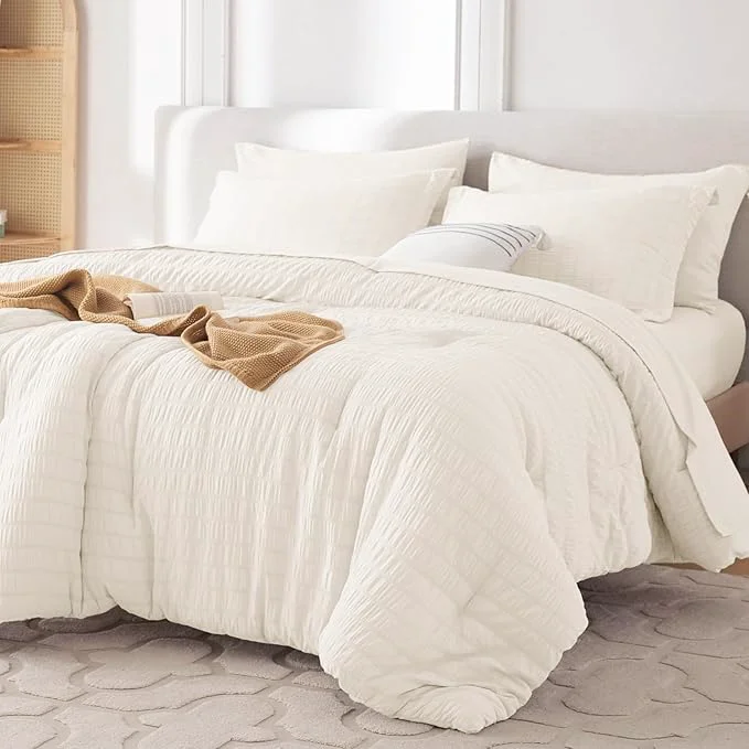 Healthy MUXHOMO 7 Pieces King Comforter Set Seersucker Bed in a Bag King Size All Season Luxury Bedding Set with Comforter Flat Sheet Fitted Sheet Pillowcases amp Shams Ivory Detailed
