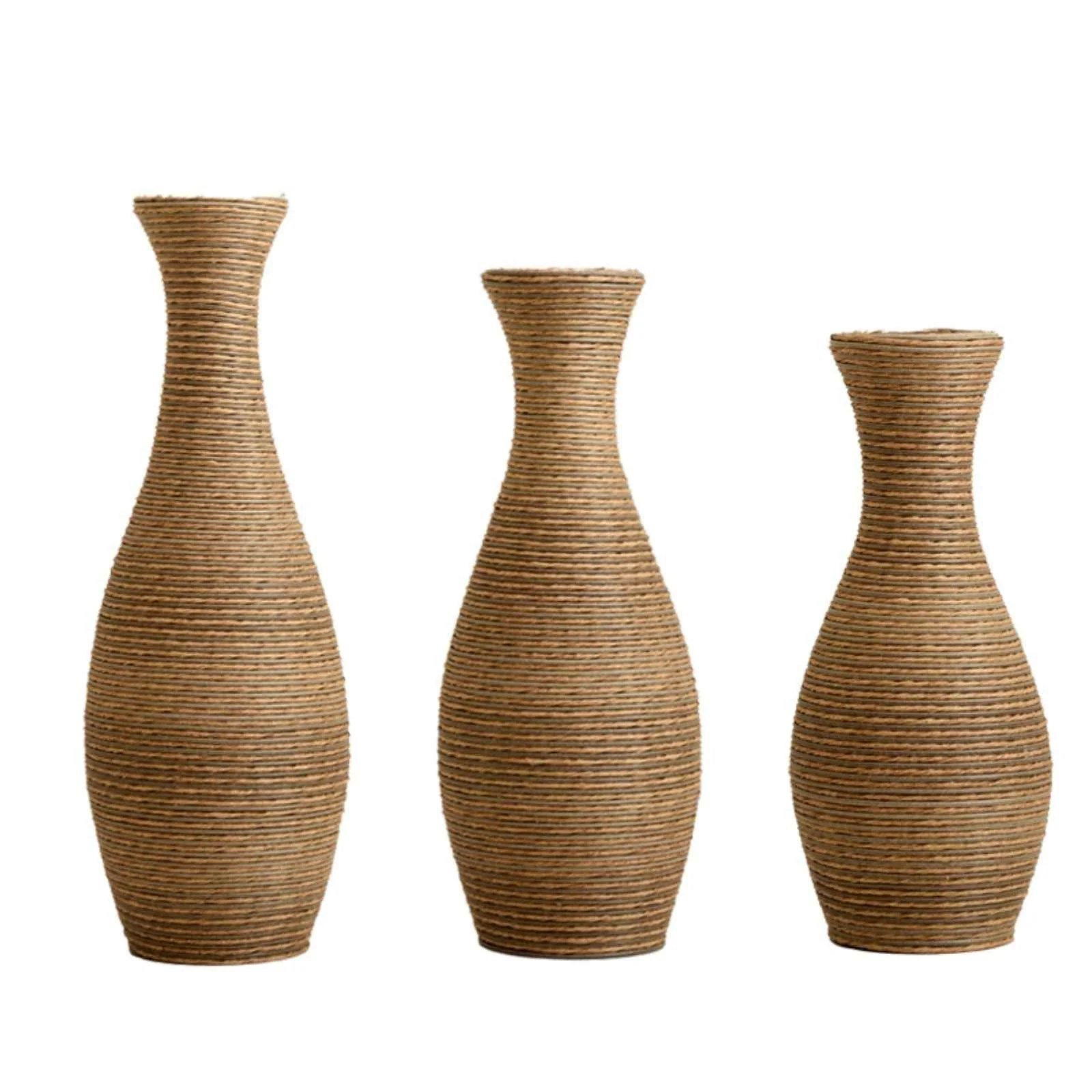 Detailed 3 Piece Artificial Rattan Floor Vase Set Decorative Accent For Living Room Hallway amp Entryway I For Dried Or Silk Flower Arrangements – Beige Flexible