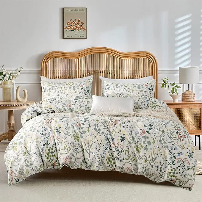 Artisan VM VOUGEMARKET Twin XL Comforter Set 3 Pieces Green White Flower Botanical Comforter with 2 Pillowcases Microfiber Cottagecore Bedding Set Twin Specialty