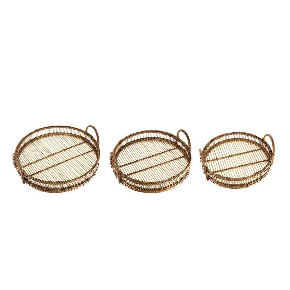 High-Grade Set of 3 Round Decorative Brown Bamboo Woven Trays with Handles Selected