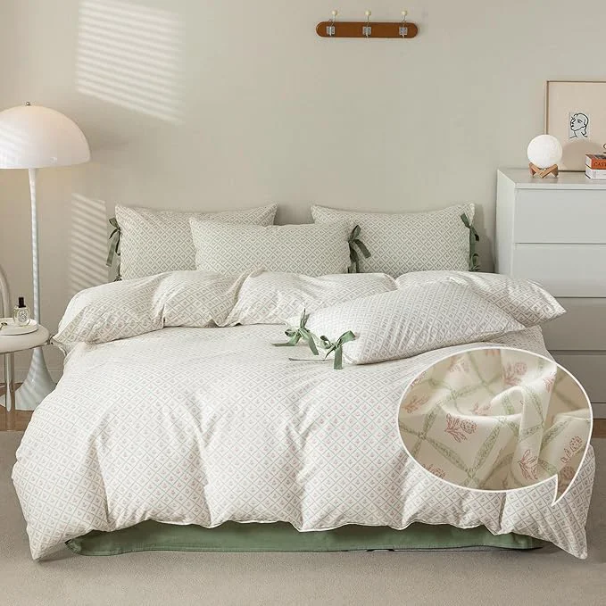 Artisan VM VOUGEMARKET Green White Comforter Set Queen with Red Flower Plaid Prints 3 Pieces Cottagecore Bedding Set Aesthetic 1 Comforter with 2 Bowknot Pillowcases for Girls Women 90×90 Inch Lightweight