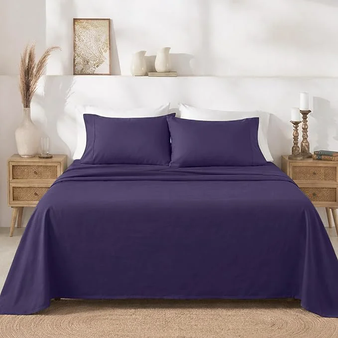 Classic California Design Den 6-Pc Queen Size Sheet Set with 4 Pillowcases – 400 Thread Count Cotton Sheets Sateen Weave Deep Pocket Bedsheets Set – Dark Purple Traditional