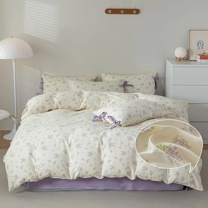 Selected VM VOUGEMARKET Queen Comforter Set Floral Prints Cottagecore Bedding Set 1 Purple Flower Down with 2 Bowknot Pillowcases for All Seasons 3pcs Queen Elite