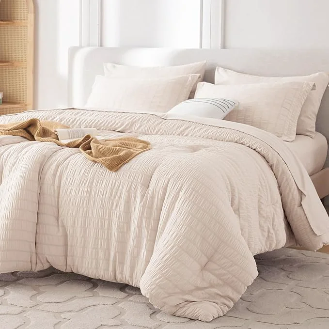 Artisan MUXHOMO 7 Pieces King Comforter Set Seersucker Bed in a Bag King Size All Season Luxury Bedding Set with Comforter Flat Sheet Fitted Sheet Pillowcases amp Shams Beige Eco-Friendly