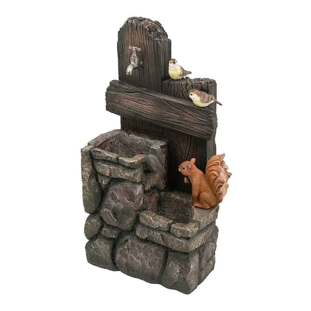 User-Friendly Decorative Two Tiered Water Fountain With Woodland Animal Design Outdoor Fountain With Light And Pump – Multi Elegant