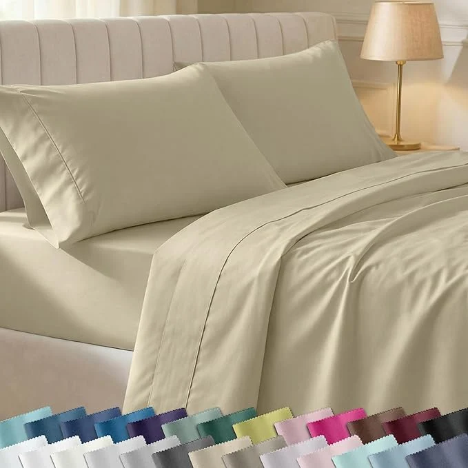Original California Design Den Soft Twin Sheets Set – 400 Thread Count Sateen Natural Cotton Sheets Deep Pockets and Durable Bedding Set for Dorm Rooms amp Adults – Beige Golden Tone Eco-Friendly