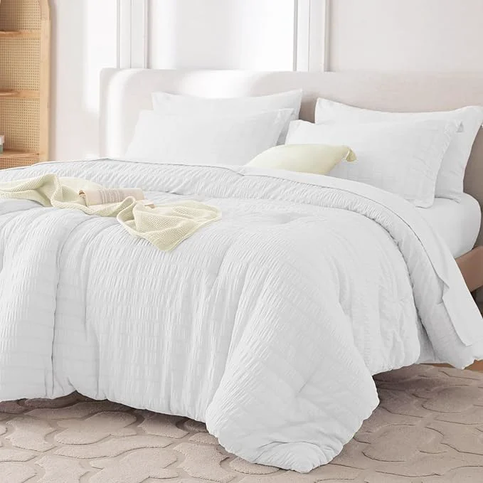 Unique MUXHOMO 7 Pieces California King Comforter Set Seersucker Bed in a Bag Cal King Size All Season Luxury Bedding Set with Comforter Flat Sheet Fitted Sheet Pillowcases amp Shams White Carefully Designed