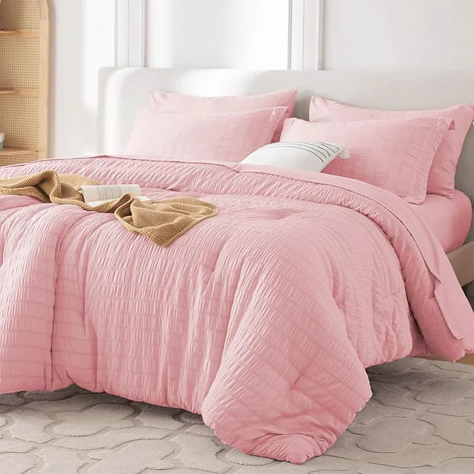 Elegant MUXHOMO 7 Pieces King Comforter Set Seersucker Bed in a Bag King Size All Season Luxury Bedding Set with Comforter Flat Sheet Fitted Sheet Pillowcases amp Shams Pink Organic