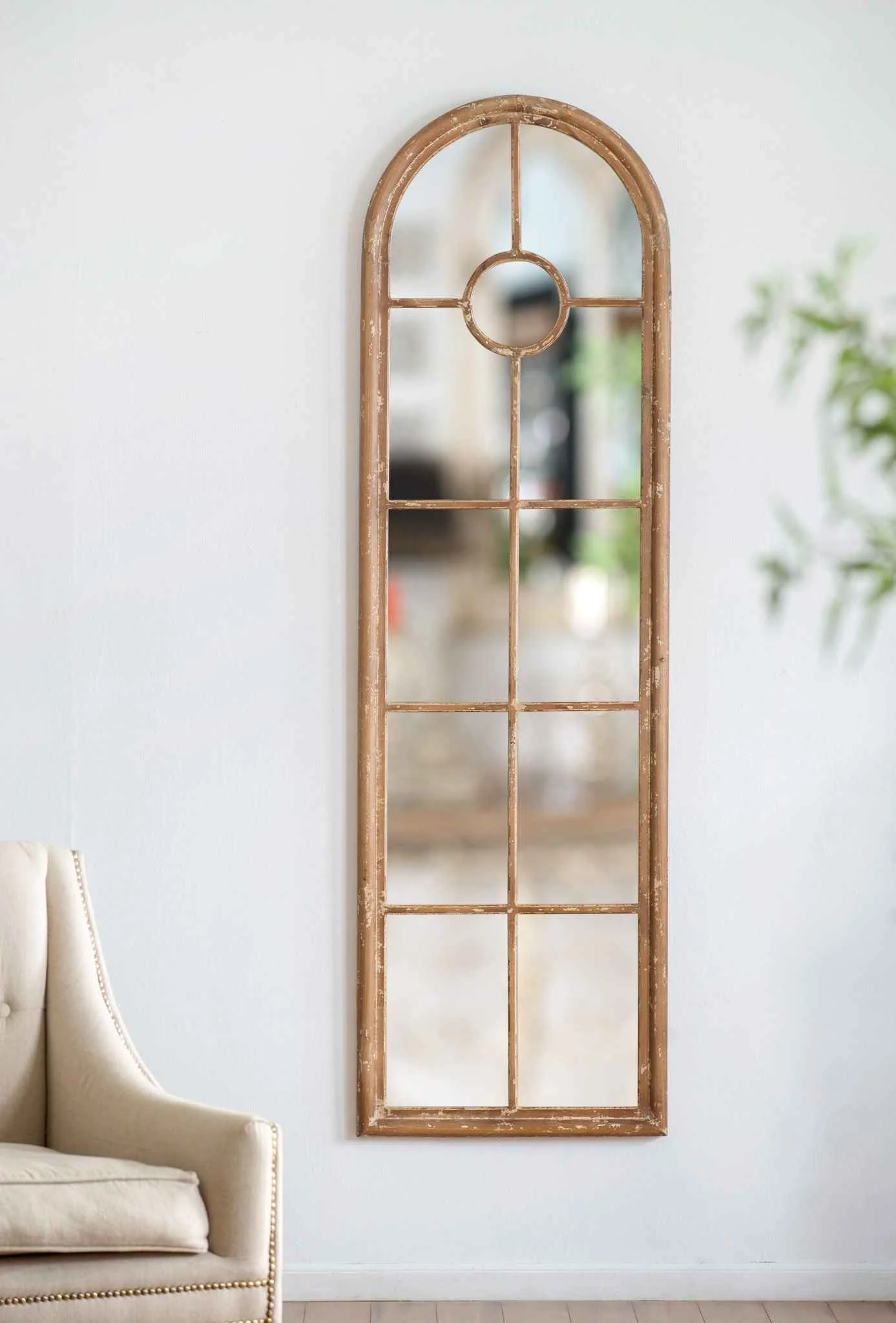 Prestigious Half Round Elongated Mirror With Decorative Window Look Classic Architecture Style Solid Fir Wood Interior Decor – Brown Eco-Friendly