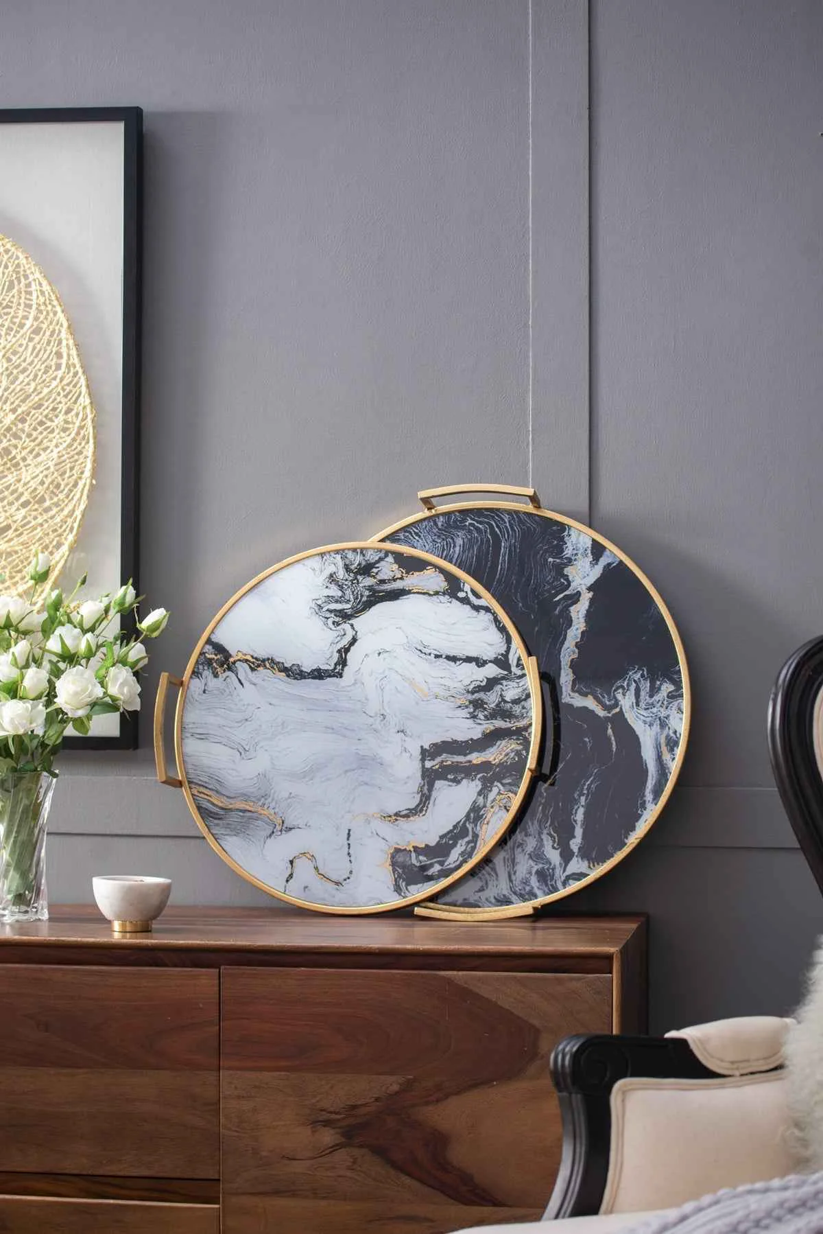 Fine S 2 Round Decorative Tray with Abstract Marbled Design Optimized