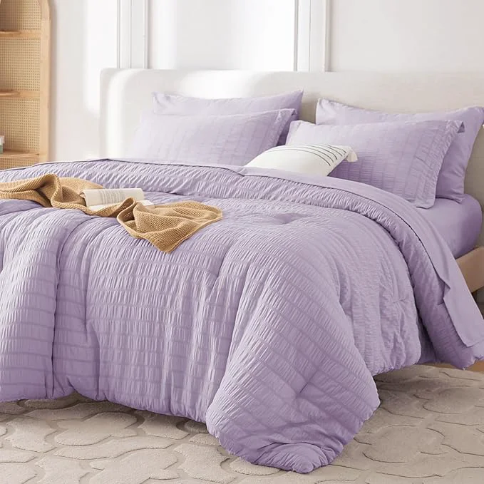 Selected MUXHOMO 5 Pieces Twin Comforter Set Seersucker Bed in a Bag Twin Size All Season Luxury Bedding Set with Comforter Flat Sheet Fitted Sheet Pillowcase amp Sham Lavender Clean