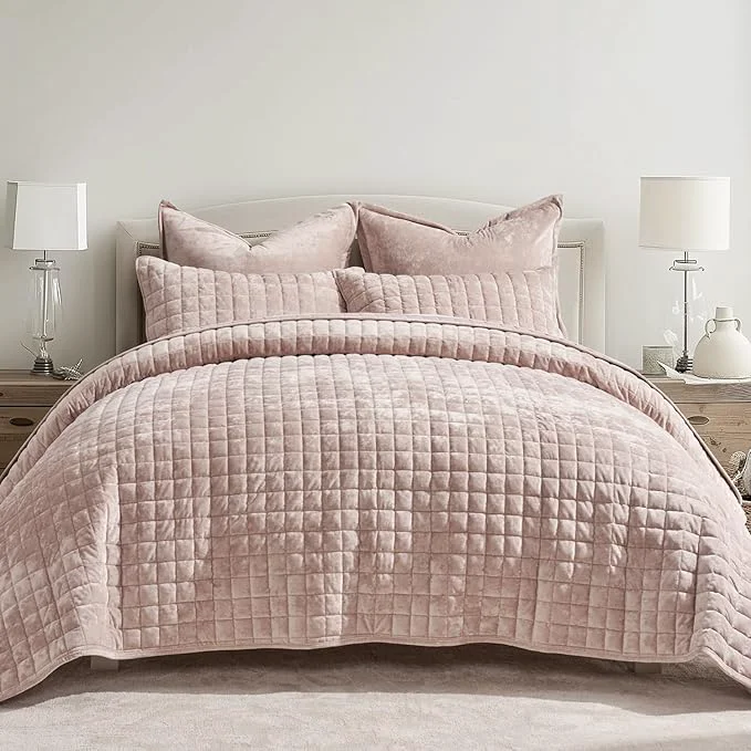Flexible RECYCO Luxury Velvet Quilt Set King Size Bedding Sets Ultra Soft Velvet Comforter Set Lightweight Channel Box Stitch Oversized Bedspread Coverlet for All Season with 2 Shams Rose Pink Sustainable